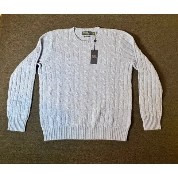 POLO Ralph Lauren Cashmere Light Blue Cable Knit Pullover Sweater Men's L NWT!